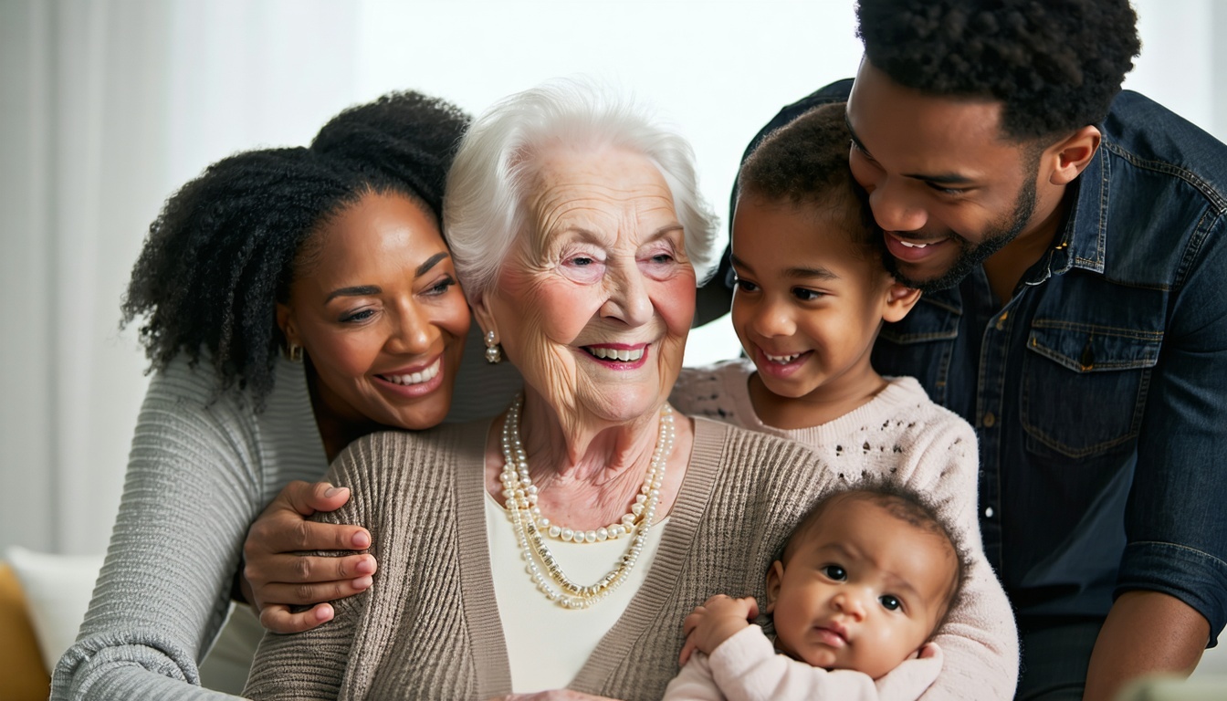 Family gathering together with grandmother smiling