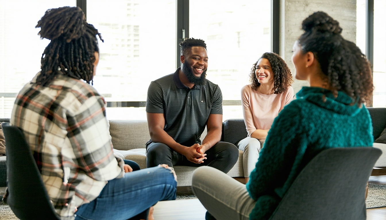 Support group session with people sharing experiences
