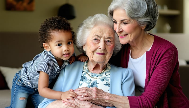 A caring family supporting their grandmother