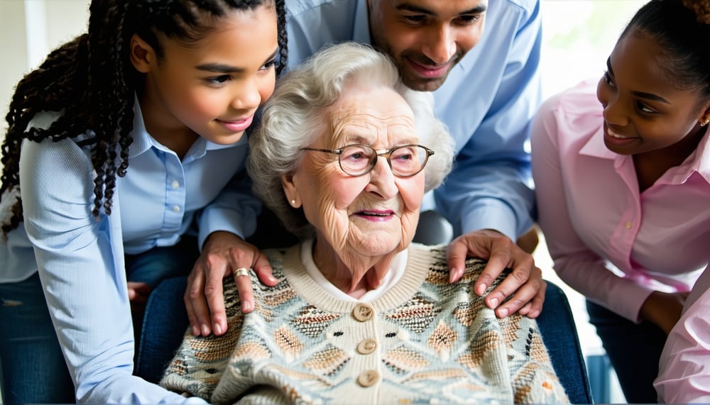 A caring family supporting their grandmother with love and guidance A caring family supporting their grandmother with love and guidance